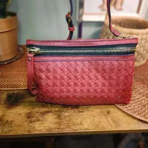 Madison West Crossbody Clutch Dark Red Woven Women Wristlet Evening Bag